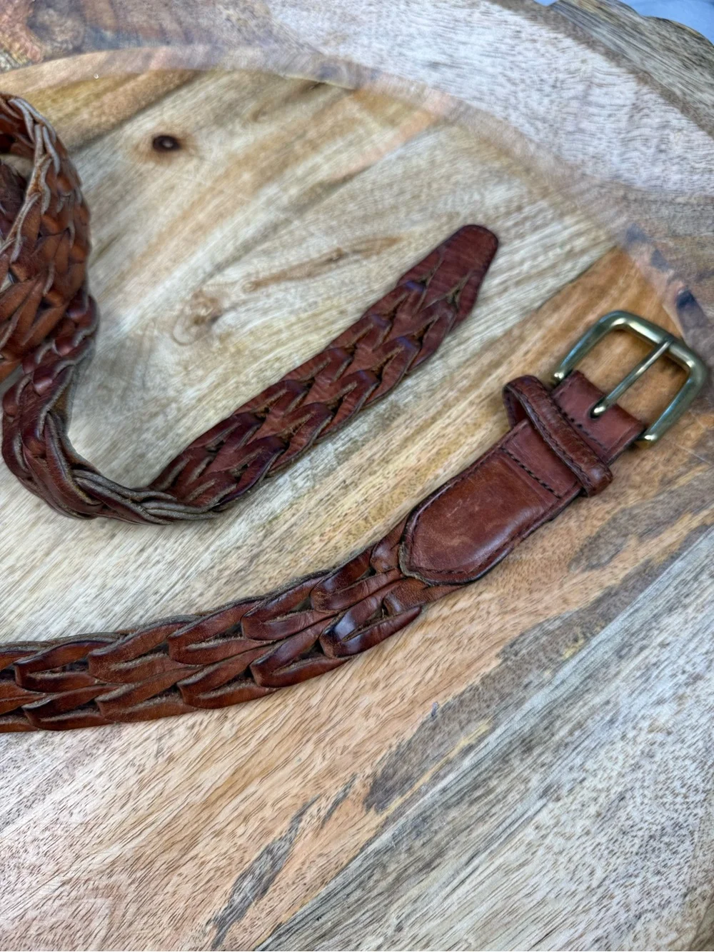 Vintage Brown Woven Leather Belt Size 42 Solid Brass Buckle